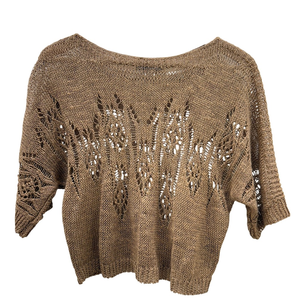 Nic + Zoe Crochet Knit‎ Sweater Top Brown Open Weave Womens PS Short Sleeve Boho